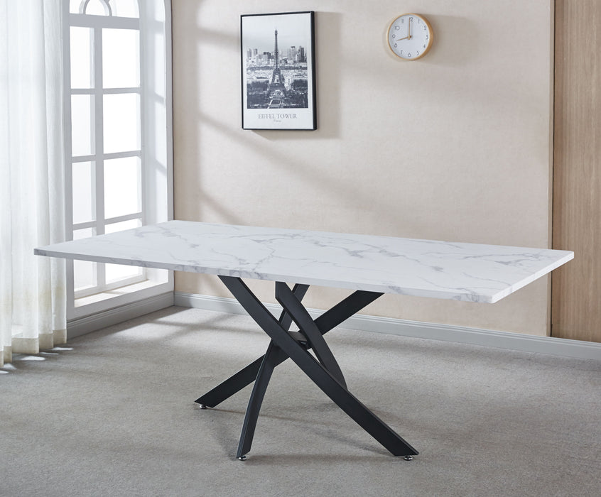 Rectangle MDF Dining Table, Printed Marble Table Top And Black Metal Base