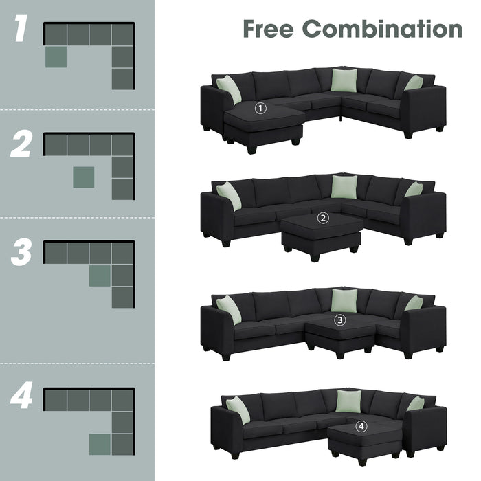 Sectional Sofa Couches Living Room Sets, 7 Seats Modular Sectional Sofa With Ottoman, L Shape Fabric Sofa Corner Couch Set With 3 Pillows, Black