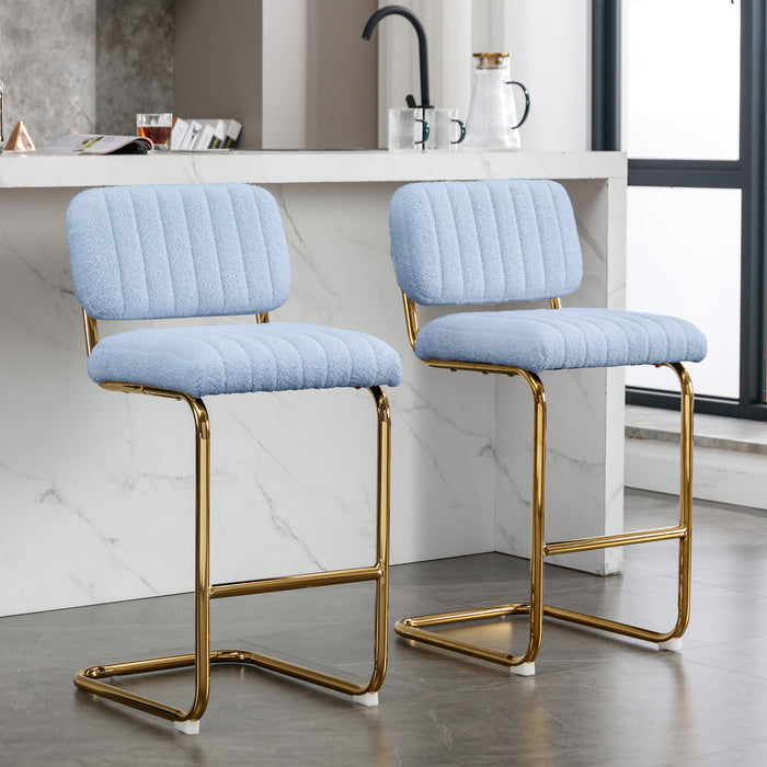Mid-Century Modern Counter Height Bar Stools For Kitchen (Set of 2), Armless Bar Chairs With Gold Metal Chrome Base For Dining Room, Upholstered Boucle Fabric Counter Stools, Blue