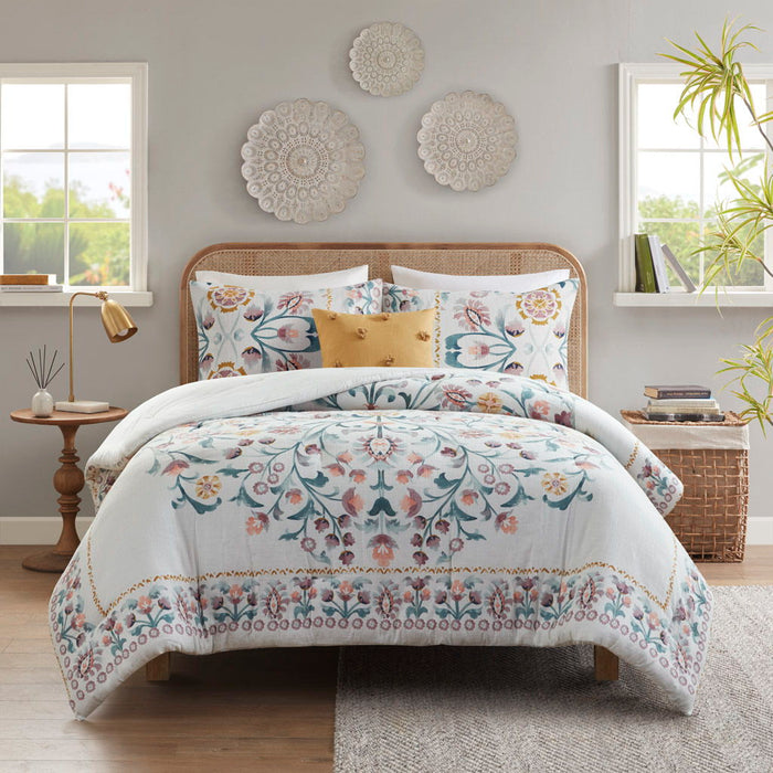 4 Piece Floral Comforter Set With Throw Pillow - White