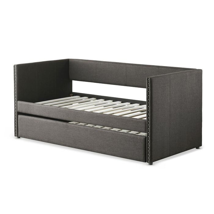 Gray Fabric Upholstered 1 Piece Day Bed With Pull-Out Trundle Nailhead Trim Wood Frame Furniture