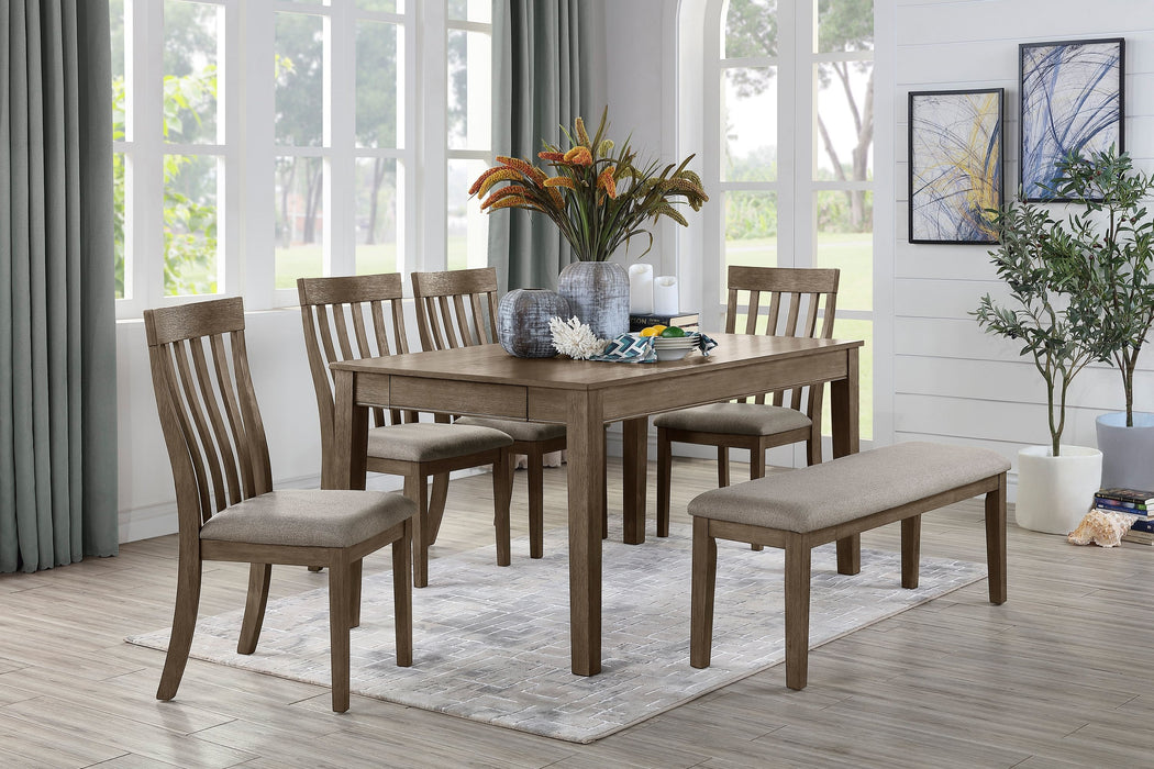 Country Casual Styling 6 Pieces Dining Set Dining Table With Drawers Bench Side Chairs Wire Brushed Brown Finish Wooden Furniture