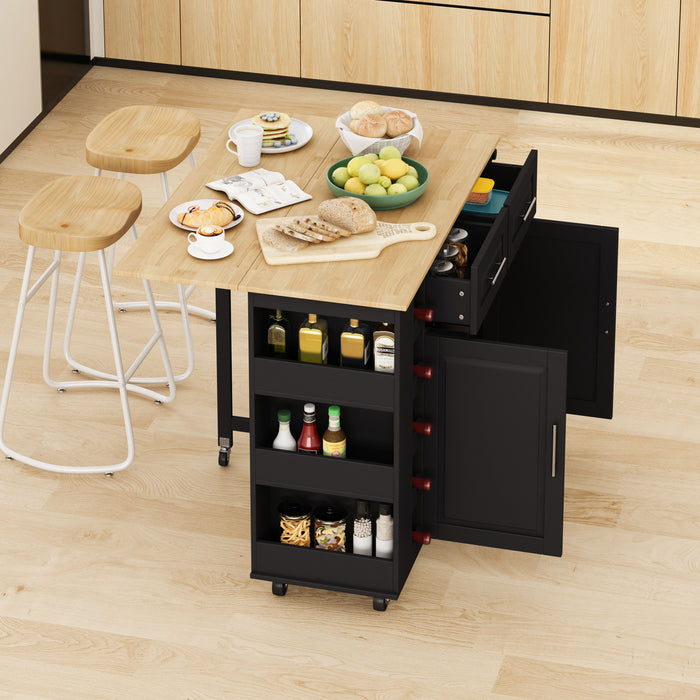 Multi-Functional Kitchen Island Cart With 2 Door Cabinet And Two Drawers, Spice Rack, Towel Holder, Wine Rack, And Foldable Rubberwood Table Top (Black)