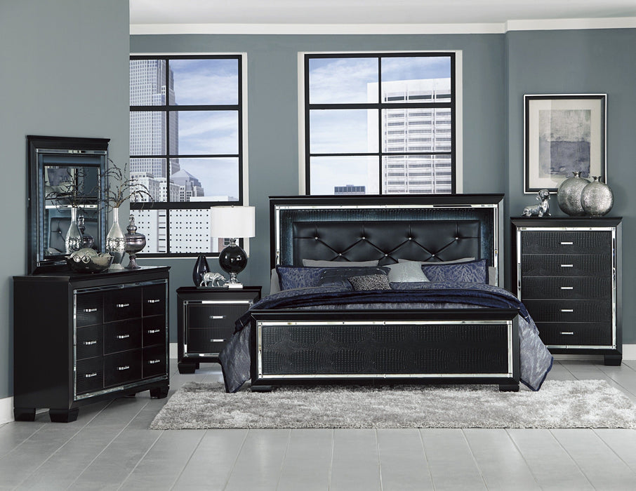 Black Finish Dresser Bold Desing 9 Drawers Glamorous Faux - Alligator Textured Fronts Wooden Bedroom Furniture