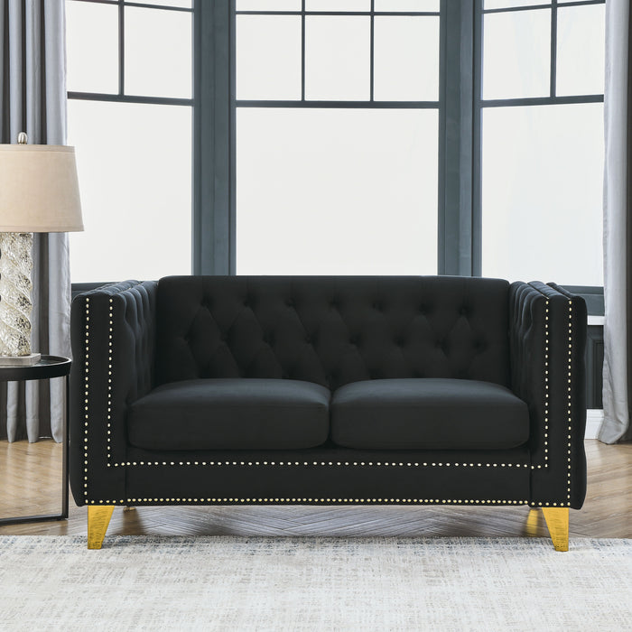 Velvet Sofa For Living Room, Buttons Tufted Square Arm Couch, Modern Couch Upholstered Button And Metal Legs, Sofa Couch For Bedroom - Black Velvet