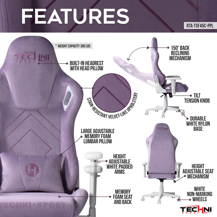 Techni Sport Tsf45C Velvet Memory Foam Gaming Chair Purple