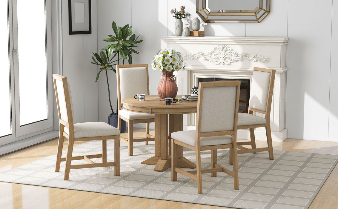 Trexm 5 Piece Dining Set Extendable Round Table And 4 Upholstered Chairs Farmhouse Dining Set For Kitchen, Dining Room (Natural Wood Wash)