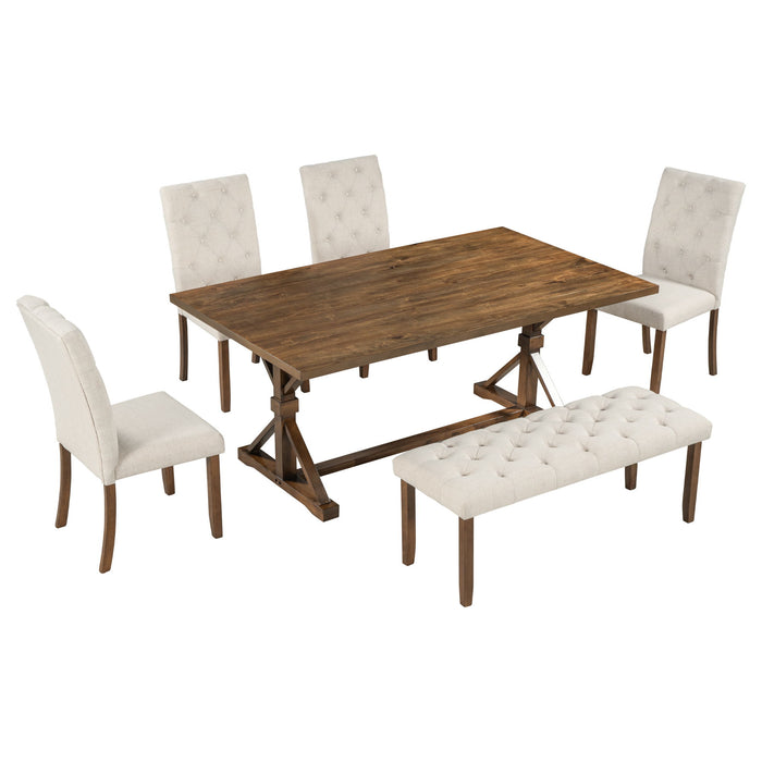 Trexm 6 Piece Farmhouse Dining Table Set 72" Wood Rectangular Table, 4 Upholstered Chairs With Bench (Walnut)