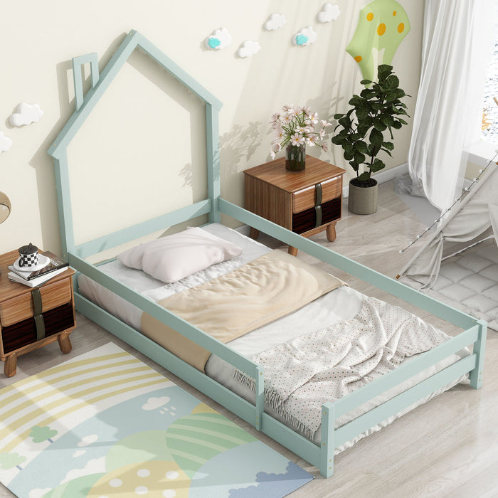 Twin Size Wood Bed With House-Shaped Headboard Floor Bed With Fences, Light Green