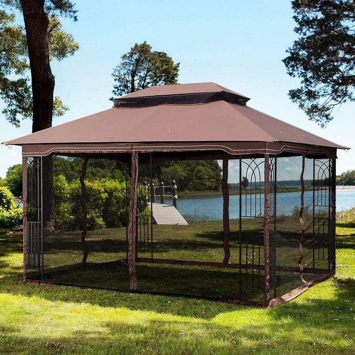 13X10 Outdoor Patio Gazebo Canopy Tent With Ventilated Double Roof And Mosquito Net (Detachable Mesh Screen On All Sides), Suitable For Lawn, Garden, Backyard And Deck - Brown