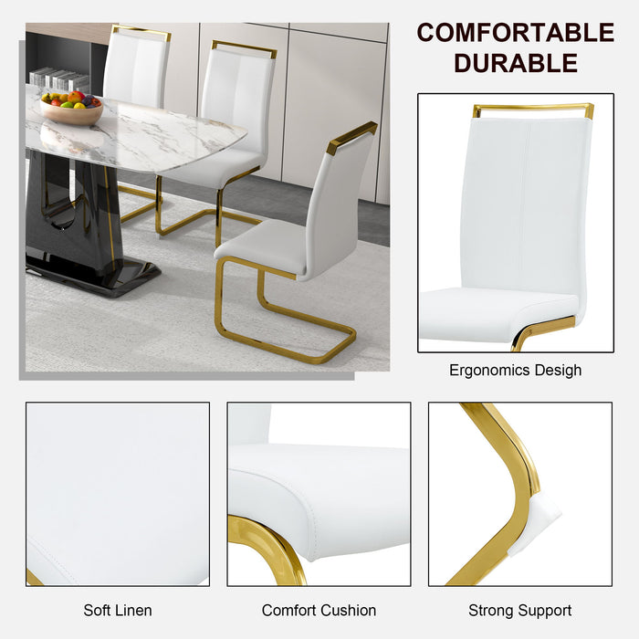 1 Table And 6 Chairs Modern, Simple And Luxurious White Imitation Marble Rectangular Dining Table And Desk With 6 White PU Gold Plated Leg Chairs