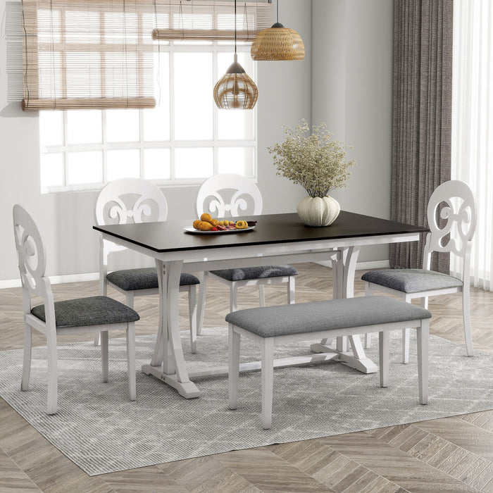 Topmax Mid-Century 6 Piece Trestle Table Set With Victorian Round Upholstered Dining Chairs And Long Bench, Gray / Antique White