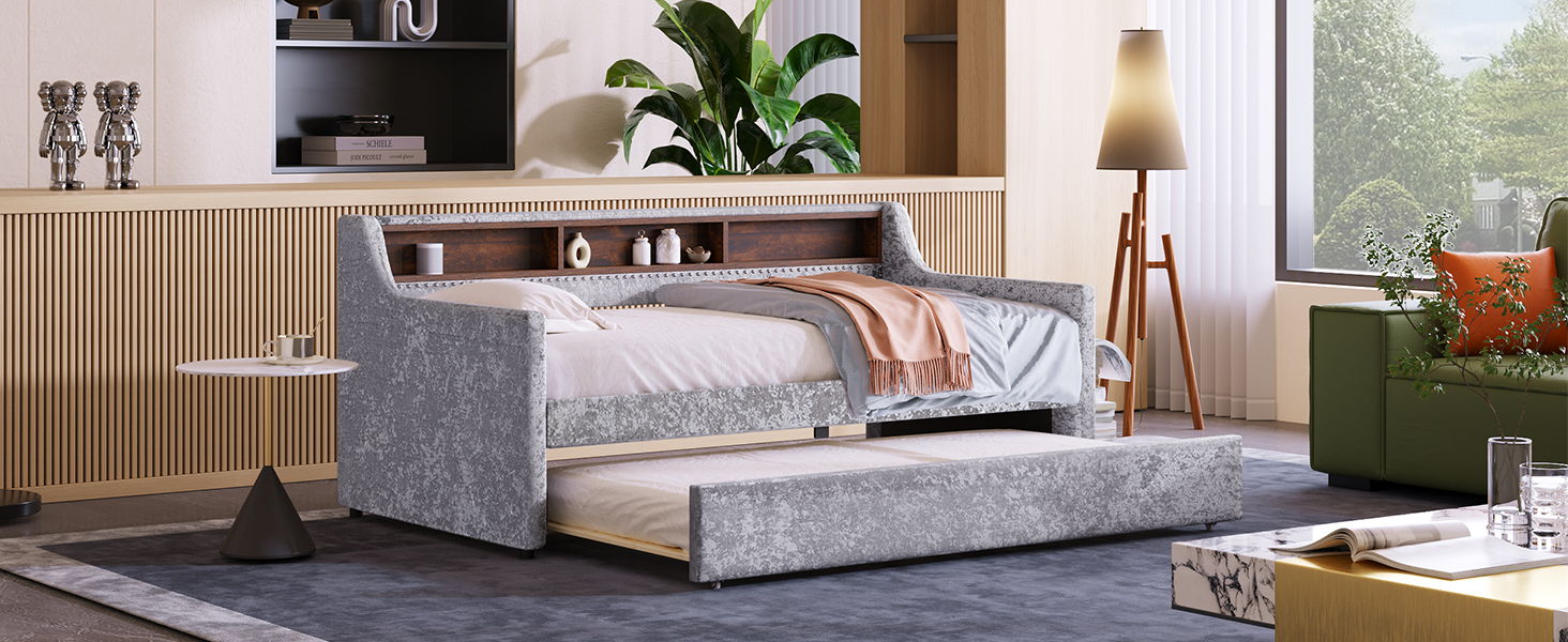 Twin Size Snowflake Velvet Daybed With Trundle And Built-In Storage Shelves, Gray