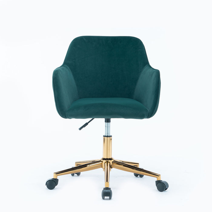 Modern Velvet Fabric Material Adjustable Height 360 Revolving Home Office Chair With Gold Metal Legs And Universal Wheels For Indoor, Dark Green