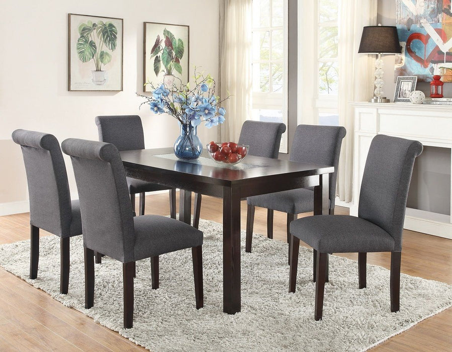 Contemporary Dining Table Blue Grey Polyfiber Upholstery 6X Side Chairs Cushion Seats 7 Piece Dining Set Dining Room Furniture