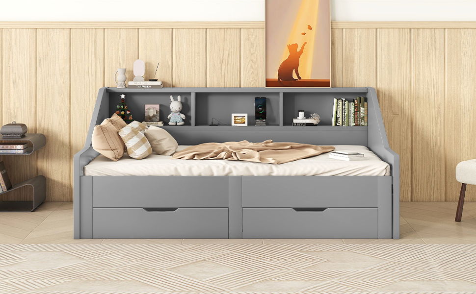 Twin To King Size Daybed Frame With Storage Bookcases And Two Drawers, Charging Design, Gray