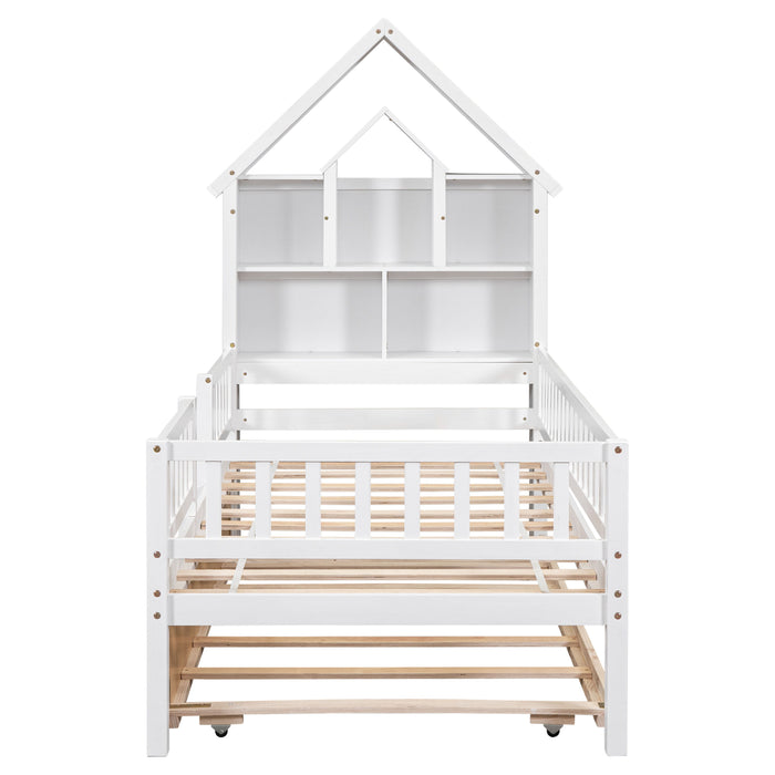Twin Size House-Shaped Headboard With Fence Guardrails And Trundle, White