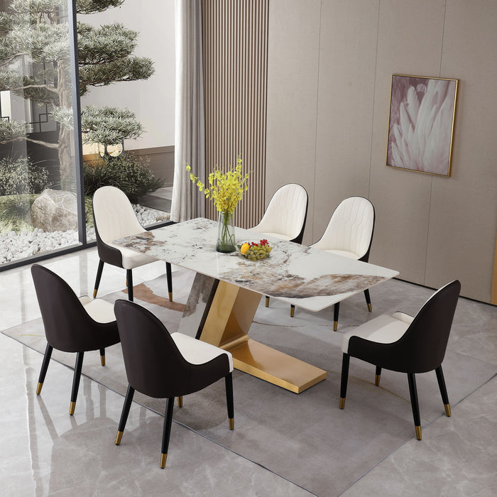 71" Contemporary Dining Table Sintered Stone Z Shape Pedestal Base In Gold Finish With 6 Pieces Chairs
