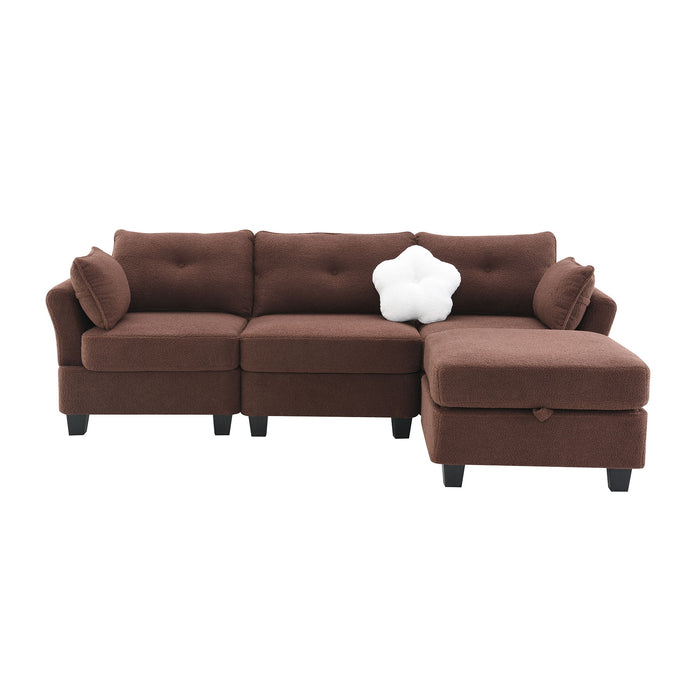 Modern Teddy Velvet Sectional Sofa, Charging Ports On Each Side, L-Shaped Couch With Storage Ottoman, 4 Seat Interior Furniture For Living Room, Apartment, 3 Colors (3 Pillows) - Brown