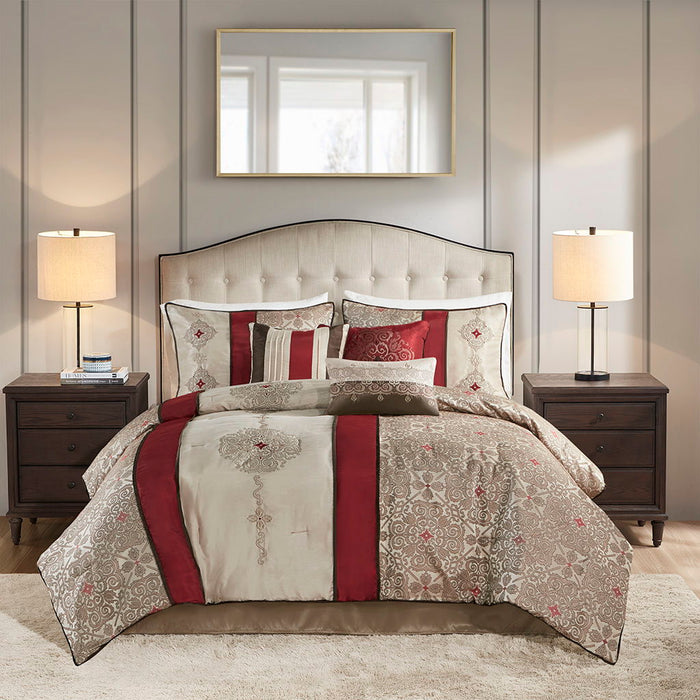 7 Pieces Jacquard Comforter Set With Throw Pillows - Red