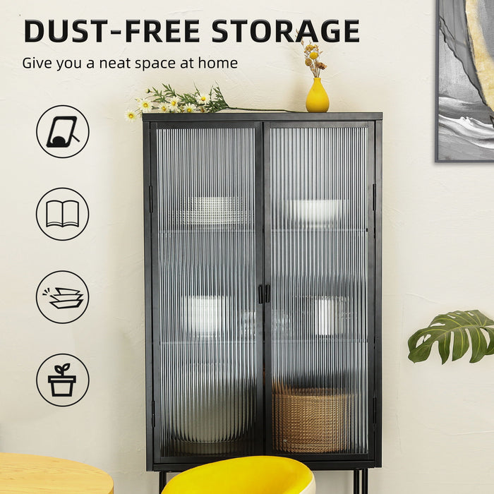 Retro Style Fluted Glass High Cabinet Storage Dual Doors Three Detachable Wide Shelves Enclosed Dust - Free Storage For Living Room Bathroom Dining Room Kitchen Room Entryway, Black (Old Sku:W68734128)