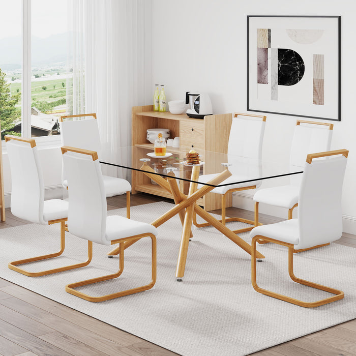 1 Table With 6 Chairs Glass Dining Table With 0 39"Tempered Glass Tabletop And Wooden Metal Legs PU Leather High Backrest Cushioned Side Chair With C Shaped Chrome Metal Legs