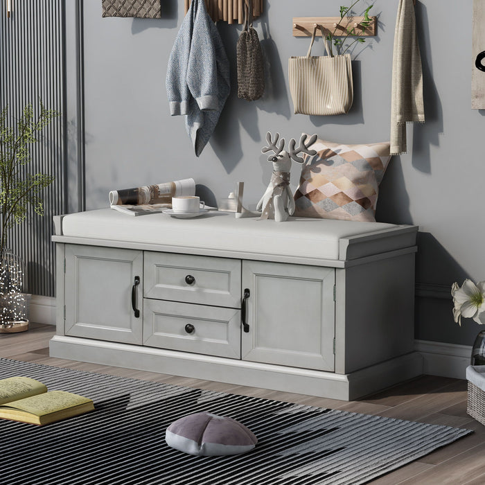 Trexm Storage Bench With 2 Drawers And 2 Cabinets, Shoe Bench With Removable Cushion For Living Room, Entryway - Gray Wash