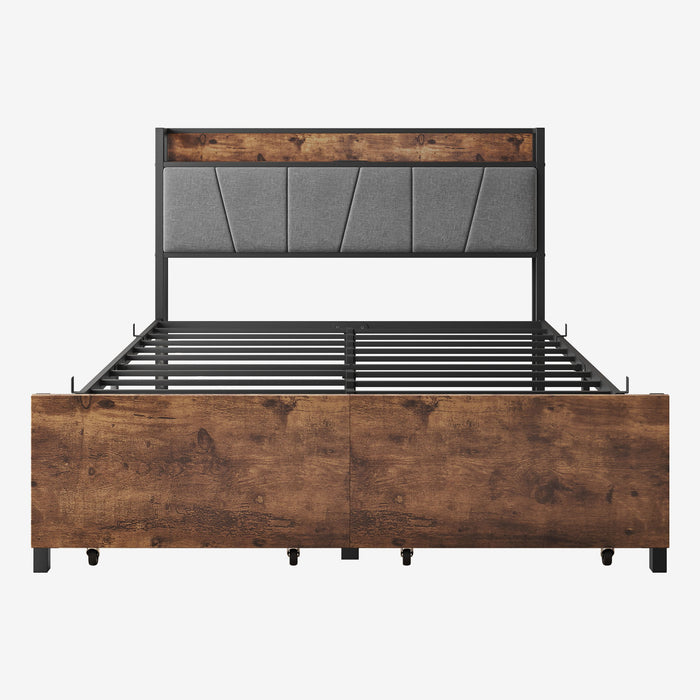 Full Size Bed Frame, Storage Headboard With Charging Station And 2 Storage Drawers, Solid And Stable, Noise Free, No Box Spring Needed, Easy Assembly, Vintage Brown And Gray
