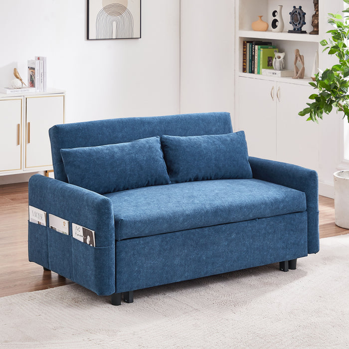 Pull Out Sleep Sofa Bed Loveseats Sofa Couch With Adjsutable Backrest, Storage Pockets, 2 Soft Pillows, Usb Ports For Living Room, Bedroom, Apartment, Office, Blue