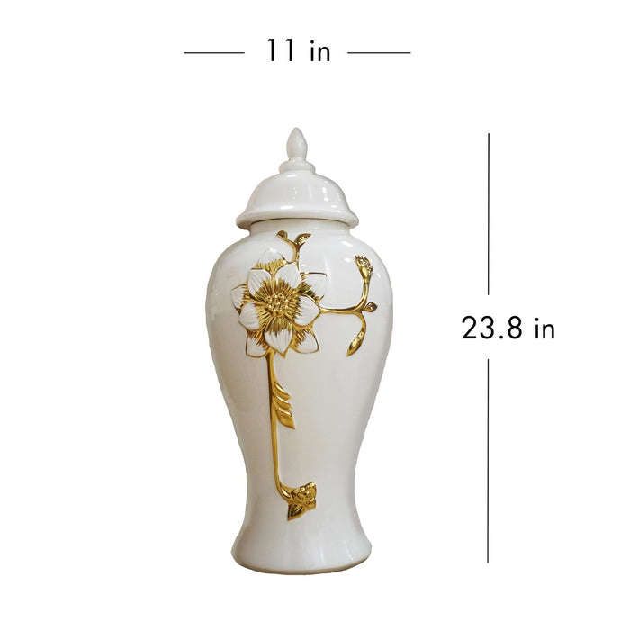 Ginger Jar With Steam Flower - White / Gold