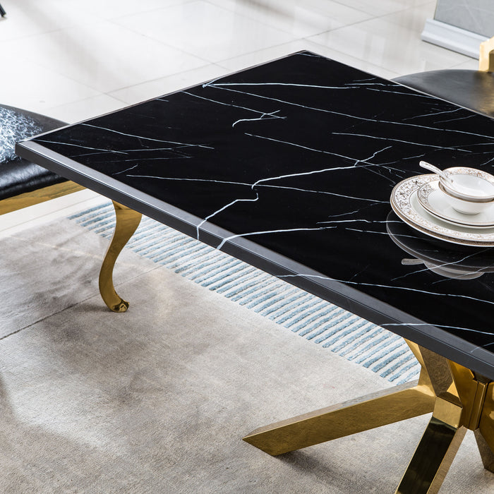 Modern Rectangular Marble Table For Dining Room / Kitchen, 1.02" Thick Marble Top, Gold Finish