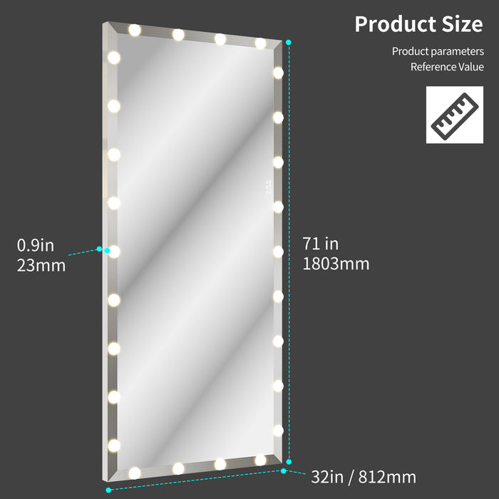 Hollywood Full Length Mirror With Lights Oversized Full Body Vanity Mirror With 3 Color Modes Lighted Large Standing Floor Mirror For Dressing Room Bedroom Hotel Touch Control - Silver