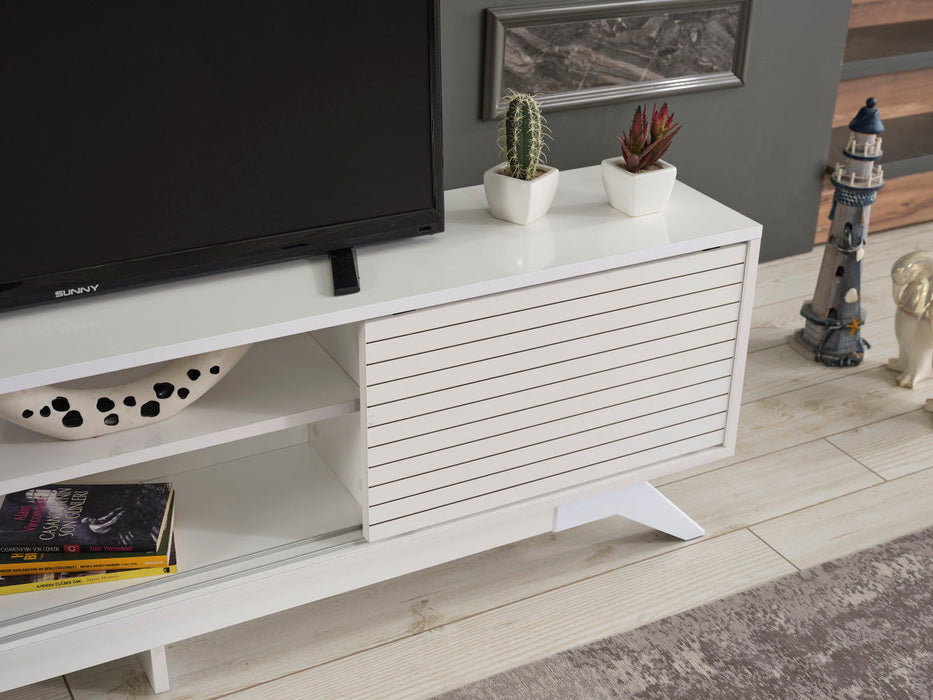Furnishome Store Luxia Mid Century Modern TV Stand 2 Sliding Door Cabinet 2 Shelves 67 Inch TV Uni, White