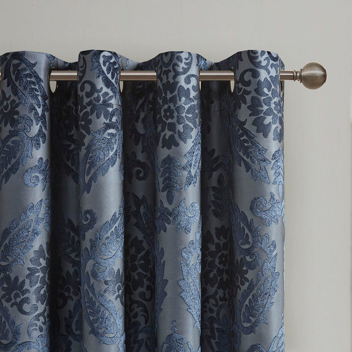 Knitted Jacquard Paisley Total Blackout Grommet Top Curtain Panel In Navy