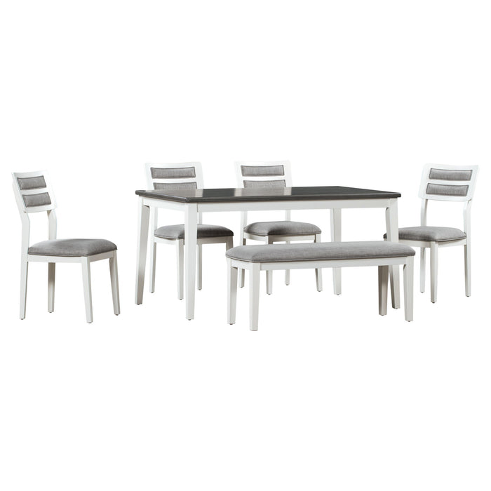 Trexm Classic And Traditional Style 6 Piece Dining Set, Includes Dining Table, 4 Upholstered Chairs & Bench (White / Gray)