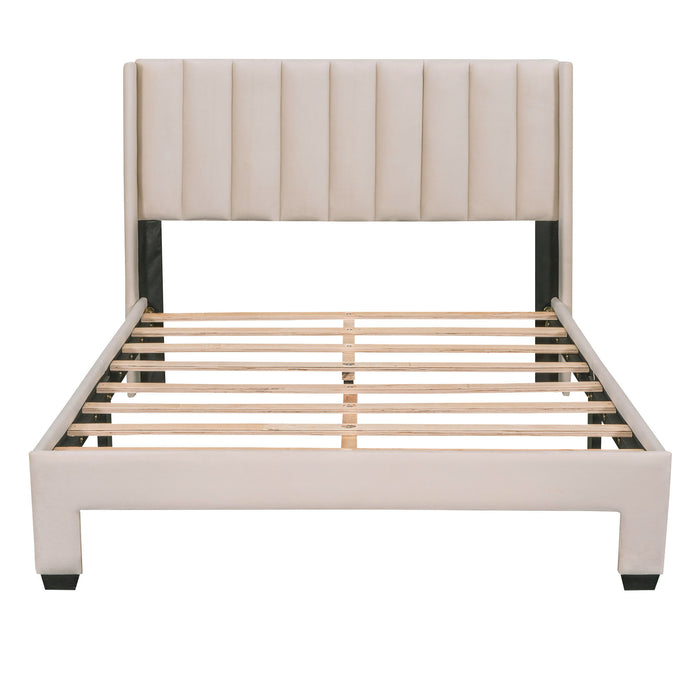 Full Size Storage Bed Velvet Upholstered Platform Bed With Big Drawer - Beige