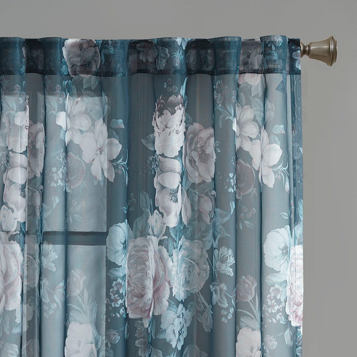 Printed Floral Rod Pocket And Back Tab Voile Sheer Curtain Navy
