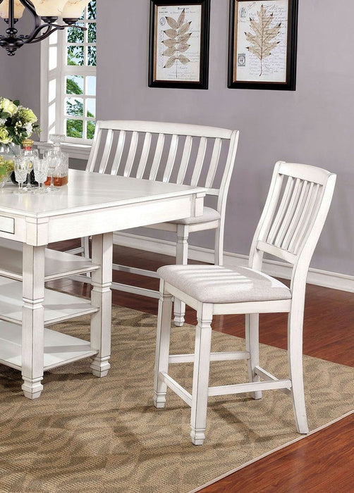 Dining Room Furniture (Set of 2) Pieces Counter Height Chairs Antique White Solid Wood Slats Back Light Gray Padded Fabric Seat Cushions