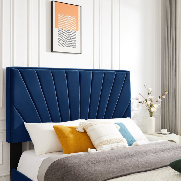 B108 Full Bed With One Nightstand, Beautiful Line Stripe Cushion Headboard, Strong Wooden Slats And Metal Legs With Electroplate - Blue