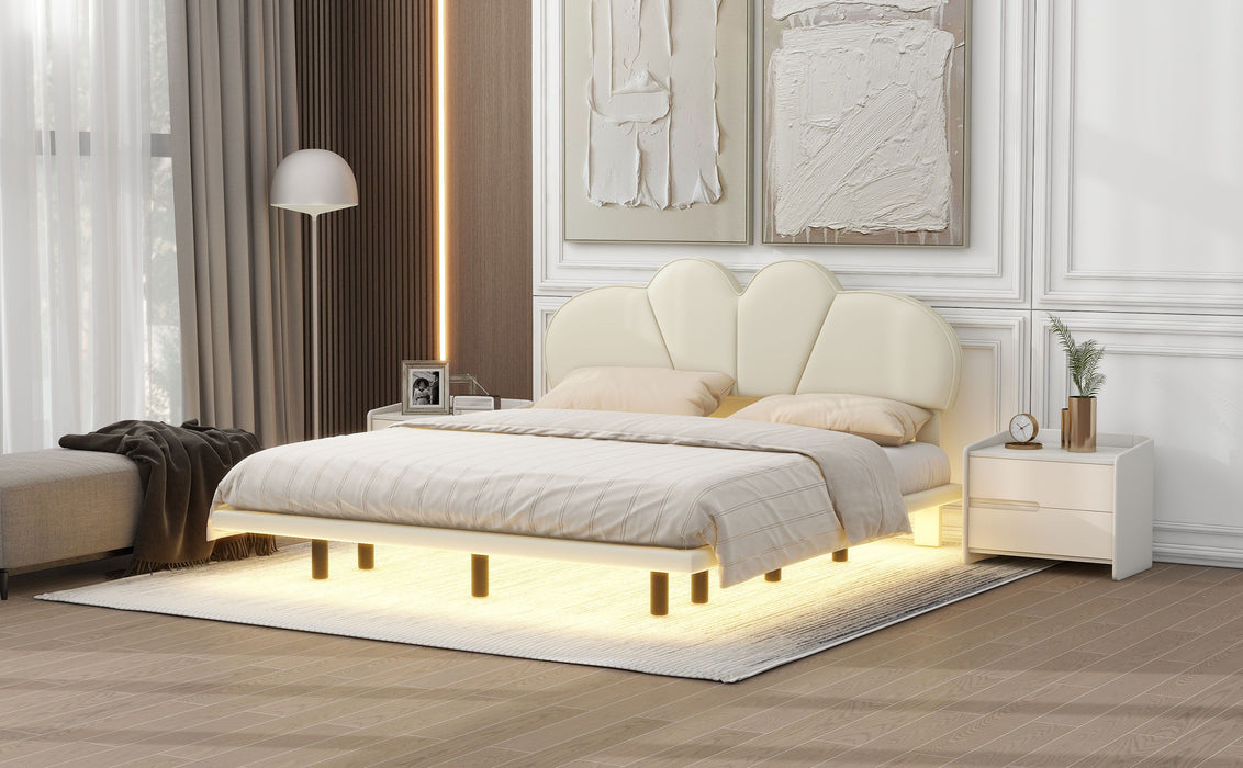Full Size Upholstery Platform Bed With PU Leather Headboard And Support Legs, Underbed LED Light, Beige