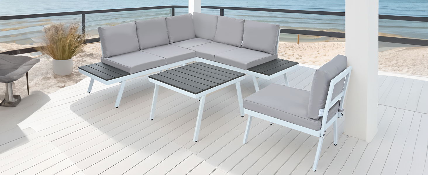 Top max Industrial 5 Piece Aluminum Outdoor Patio Furniture Set, Modern Garden Sectional Sofa Set With End Tables, Coffee Table And Furniture Clips For Backyard, White / Gray