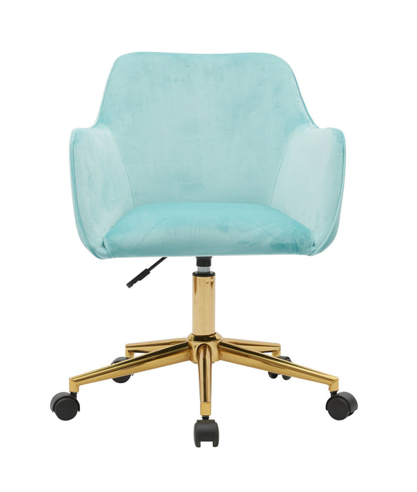Modern Velvet Fabric Material Adjustable Height 360 Revolving Home Office Chair With Gold Metal Legs And Universal Wheels For Indoor, Aqua Light Blue