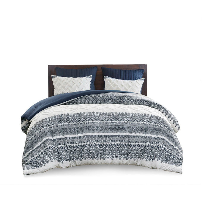 3 Piece Cotton Comforter Set With Chenille Tufting, Navy