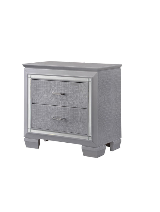 1 Piece Modern & Glam Style Two Drawers Nightstand Solid Wood Built-In Night Light Silver Crocodile Finish