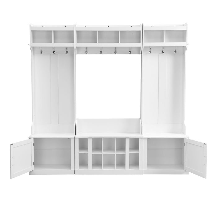 On Trend Wide Design Hall Tree With Storage And Bench, 4-In-1 Multi - Functional Entryway Bench With Coat Rack And Shoe Cubbies, Practical Furniture For Hallway, White