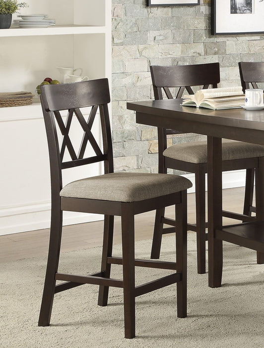 Dark Brown Finish Counter Height Chairs 2 Pieces Set Double X Back Design Lenin Like Fabric Padded Seat Dining Furniture