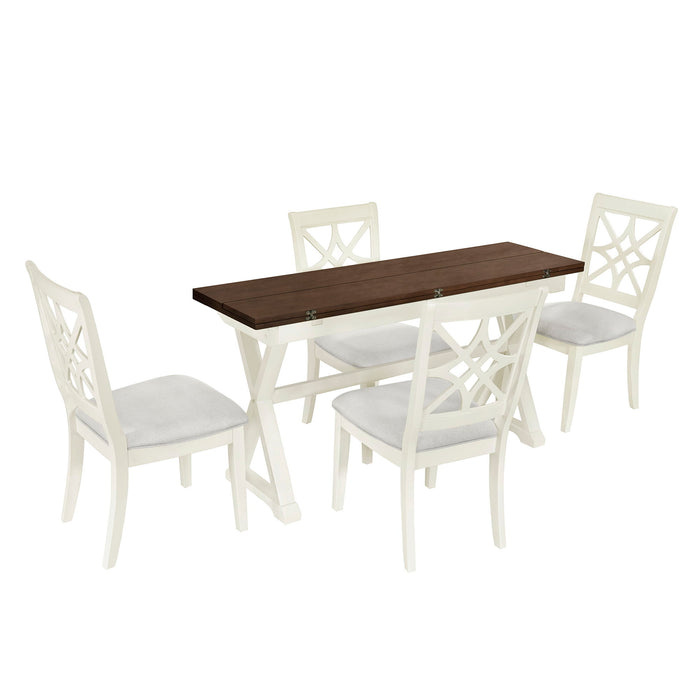 Topmax 5 Piece 62*35.2" Extendable Rubber Wood Dining Table Set With X - Shape Legs, Console Table With Two 8.8" - Wide Flip Lids And Upholstered Dining Chairs, Beige