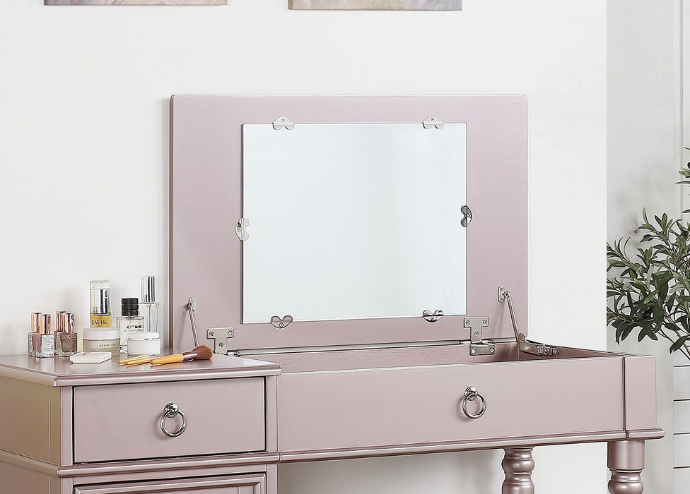 Bedroom Vanity Set Stool Open Up Mirror Storage Space Drawers Rubber Wood Ring Pull Handles Rose Gold Color Vanity