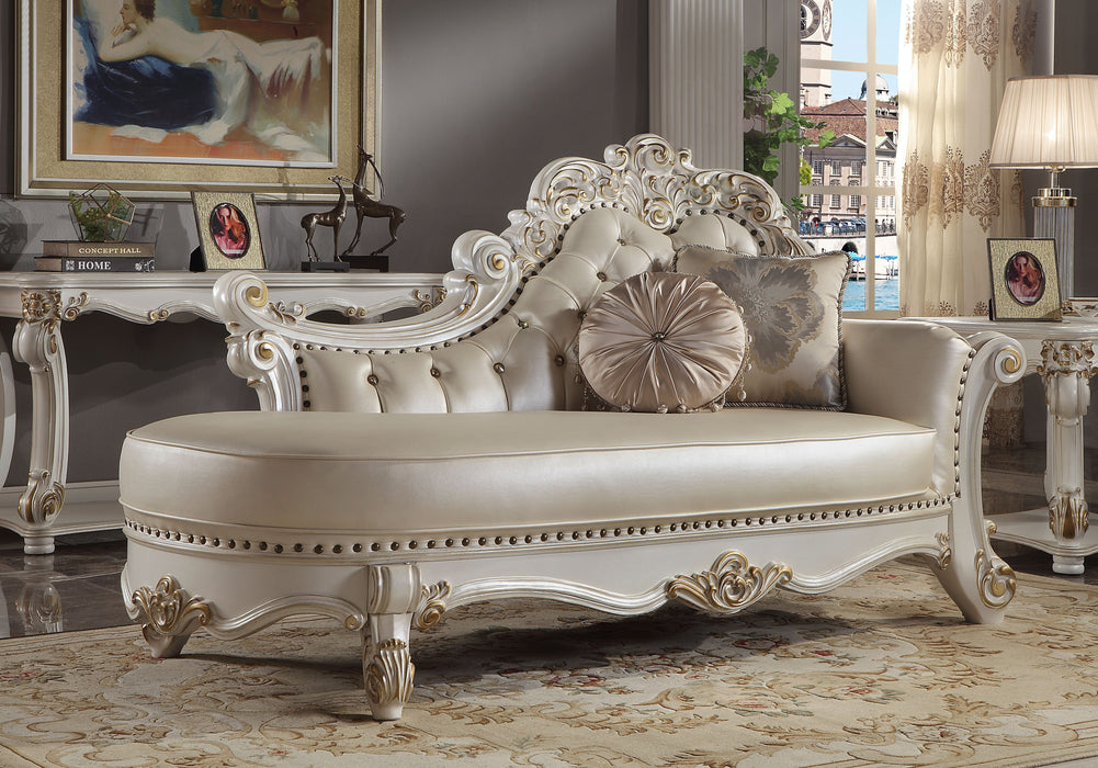 Acme Vendome Chaise With 2 Pillows, Synthetic Leather & Antique Pearl Finish