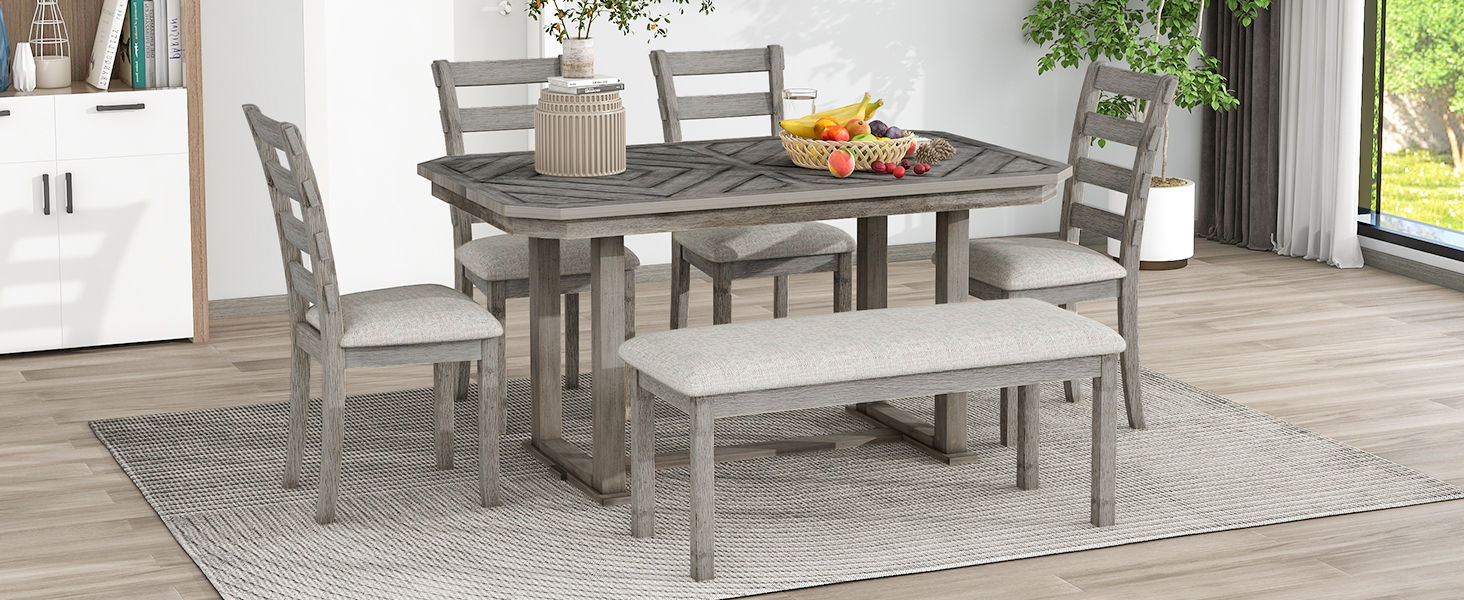 Trexm 6 Piece Rubber Wood Dining Table Set With Beautiful Wood Grain Pattern Tabletop Solid Wood Veneer And Soft Cushion (Gray)